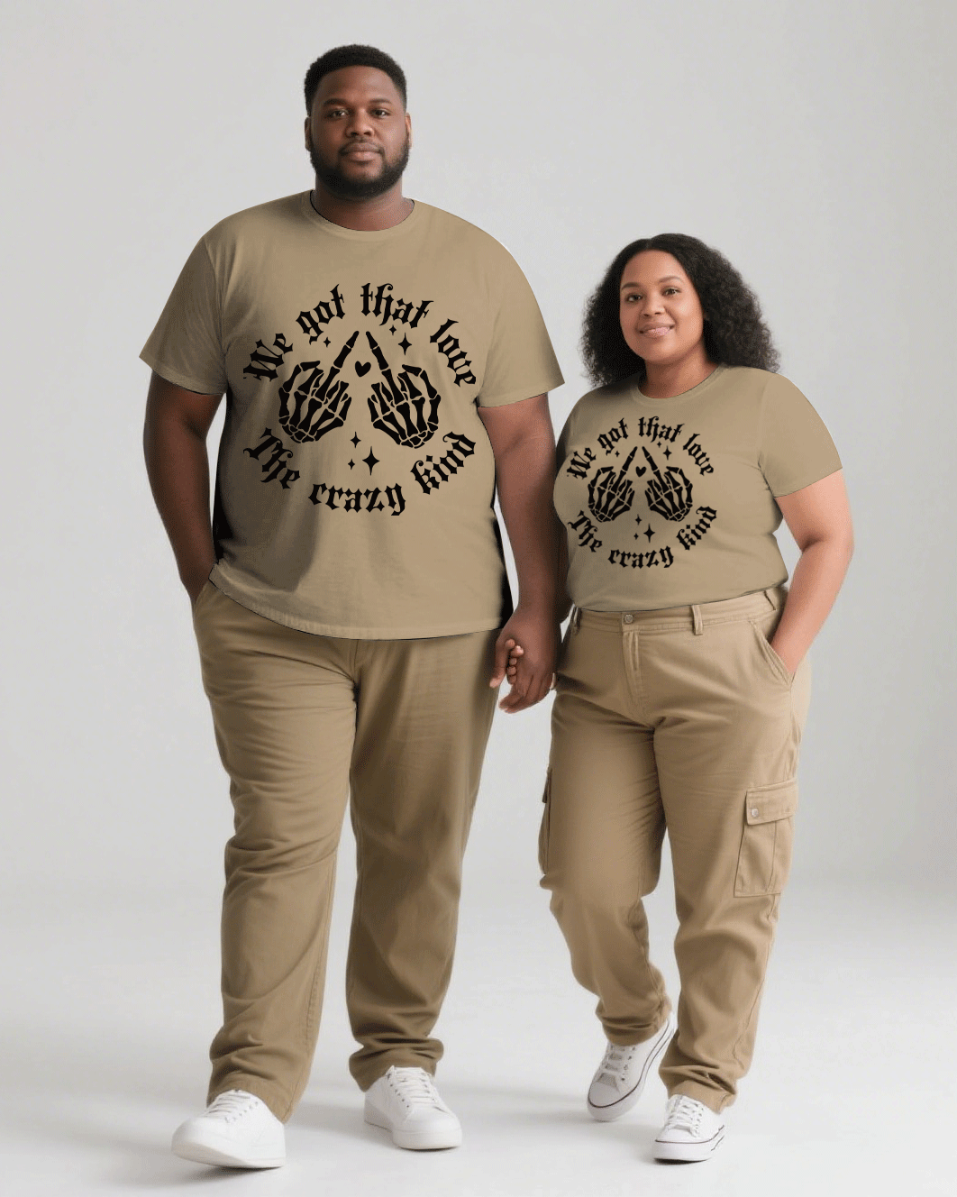 Big & Tall Men's Khaki Hand Bone Pattern Printed Men's And Women's Crewneck Short-sleeved T-shirts & Overalls Pants Couple's Suit