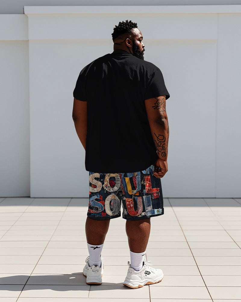 Men's Plus Size Street Fashion Denim Patching Patch Soul Letter Printed Short Sleeve T-Shirt Shorts Suit