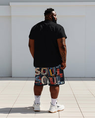Men's Plus Size Street Fashion Denim Patching Patch Soul Letter Printed Short Sleeve T-Shirt Shorts Suit