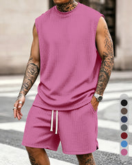 S-8XL Men's Solid-Color Ribbed Sleeveless Vest and Shorts Two-Piece Set
