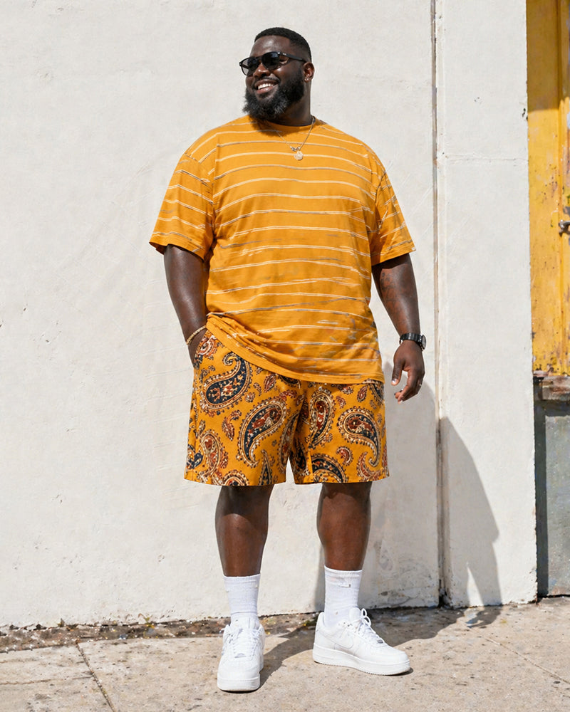 Big & Tall Men's Retro Style Yellow Tone Paisley POLO Letter Printed Round Neck Short Sleeve T-shirt Shorts Set