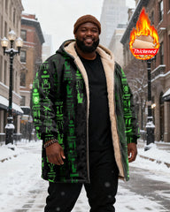 Big & Tall Men's Black Green Egyptian Hieroglyphic Printed Velvet Thickened Long Hooded Coat