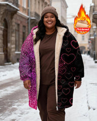 Women's Pink Black Contrast Love Sequins Stitching Printed Velvet Thickened Long Hooded Coat