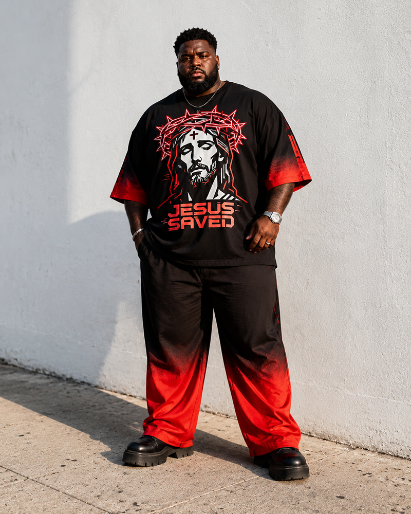 Big & Tall Men’s Gradient Thorn-Crown Jesus Head Portrait JESUS SAVED Printed T-Shirt And Pants Set