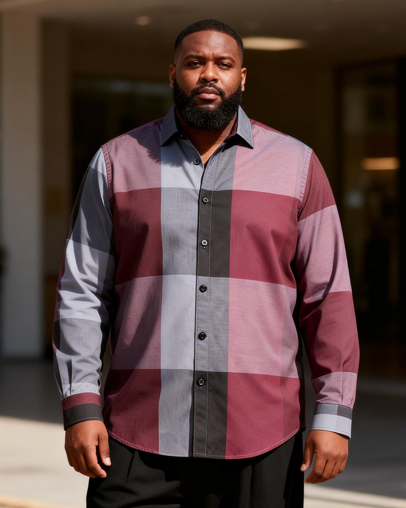 Big & Tall Men's Red And Gray Check Contrast Printed Long Sleeve Shirt