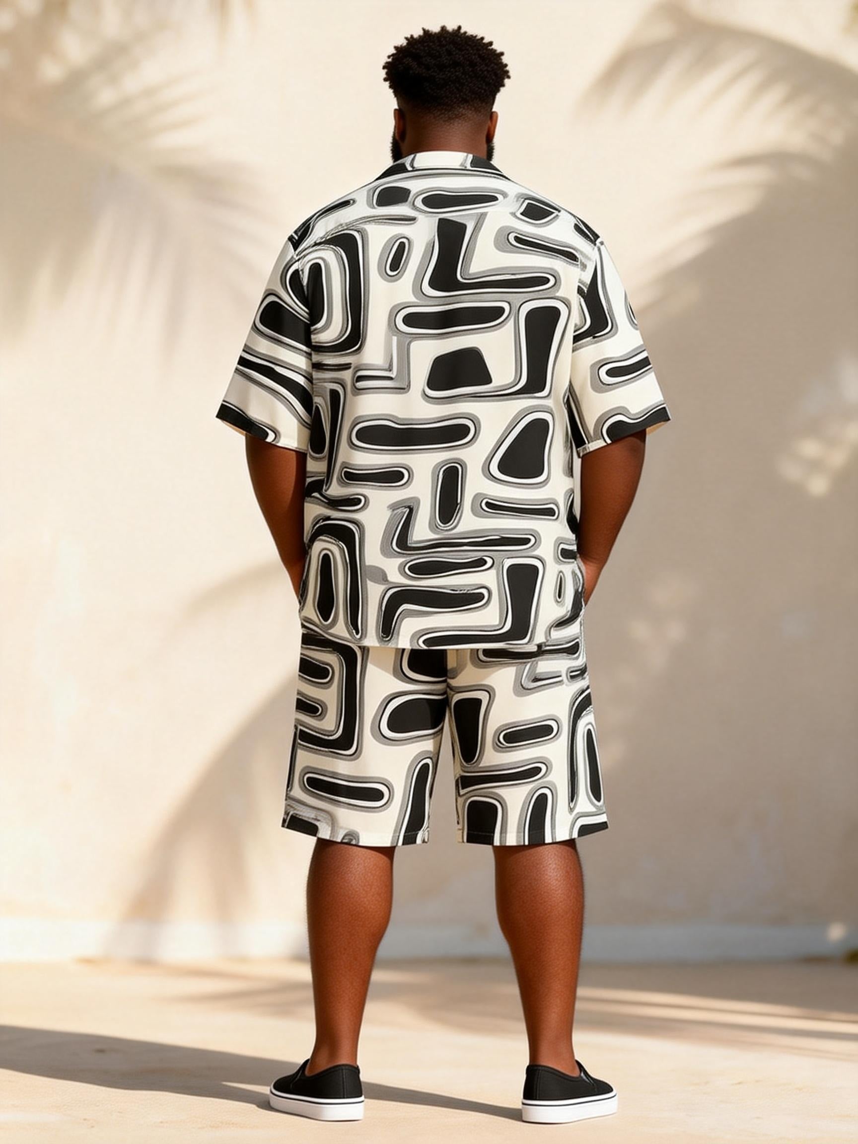 Big & Tall Men's Black And White Flowing Geometric Print Short Sleeve Shirt Shorts Set