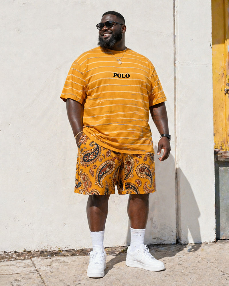 Big & Tall Men's Retro Style Yellow Tone Paisley POLO Letter Printed Round Neck Short Sleeve T-shirt Shorts Set