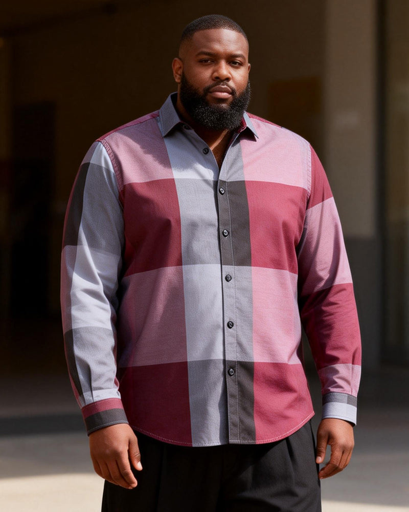 Big & Tall Men's Red And Gray Check Contrast Printed Long Sleeve Shirt