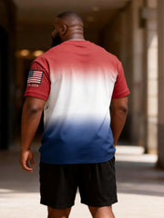 Big & Tall Men's Red, White And Blue Gradual Tear American Flag Printed Round Neck Short Sleeve T-Shirt