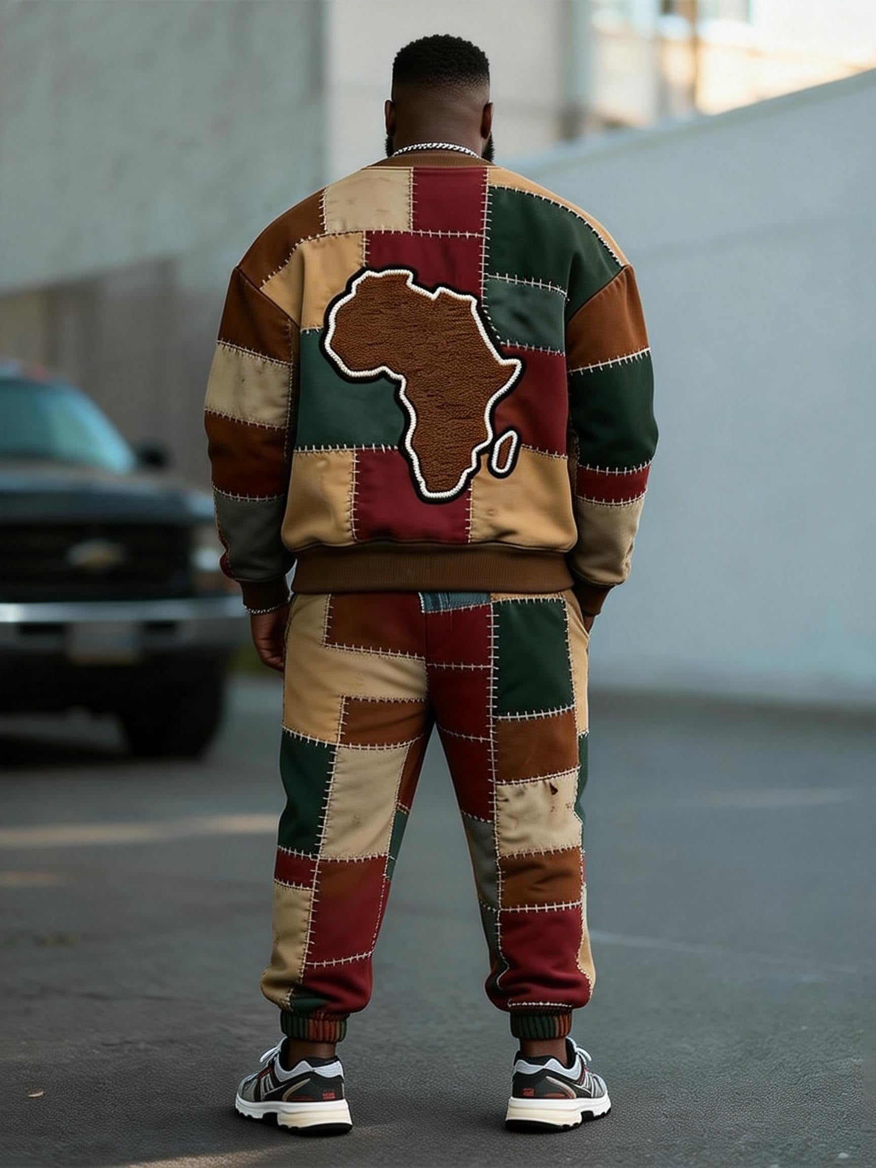 Big & Tall Men's African Map Patchwork Printed Round Neck Sweatshirt Set