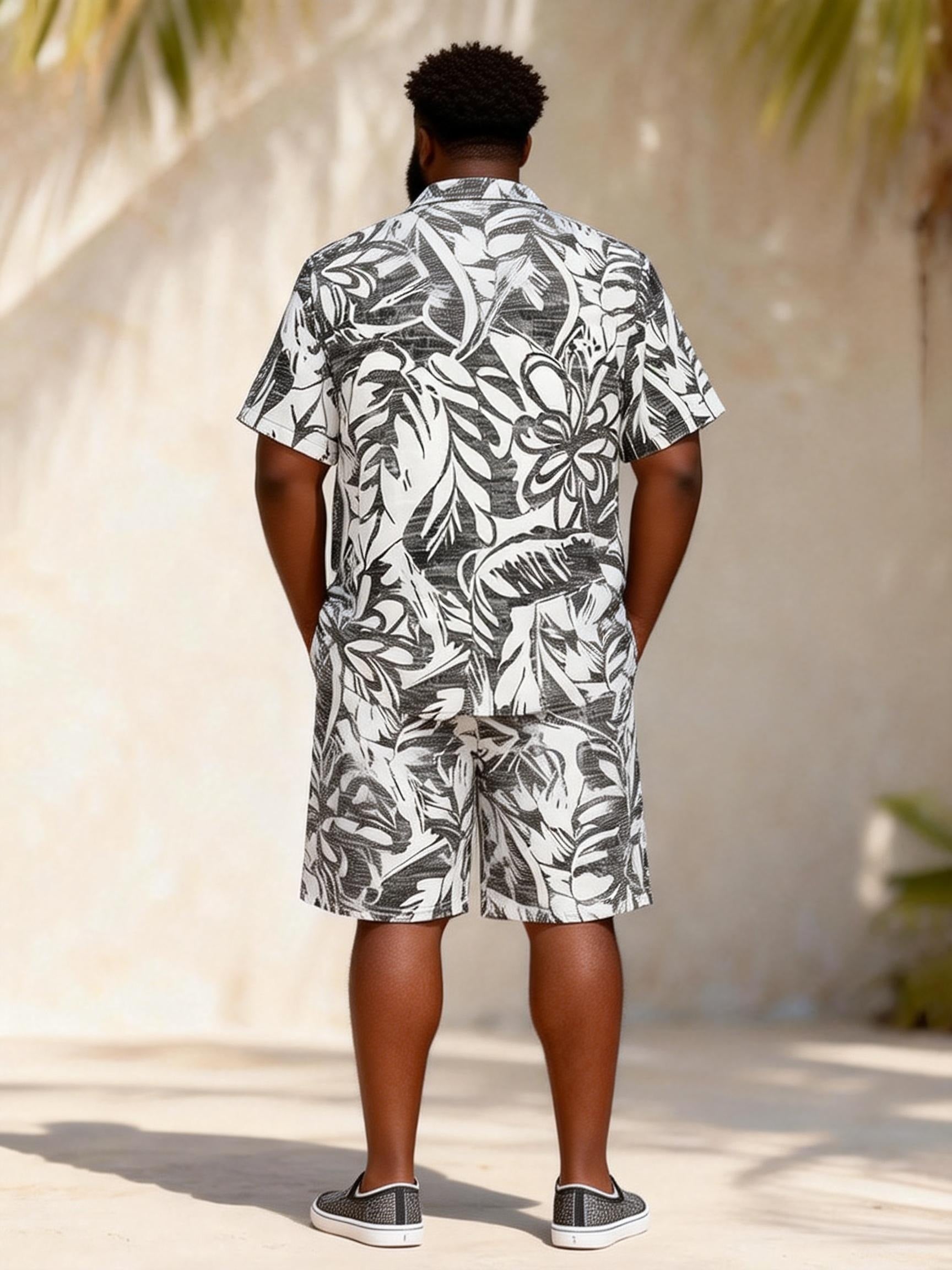 Big & Tall Men's Black And White Flowing Geometric Print Short Sleeve Shirt Shorts Set