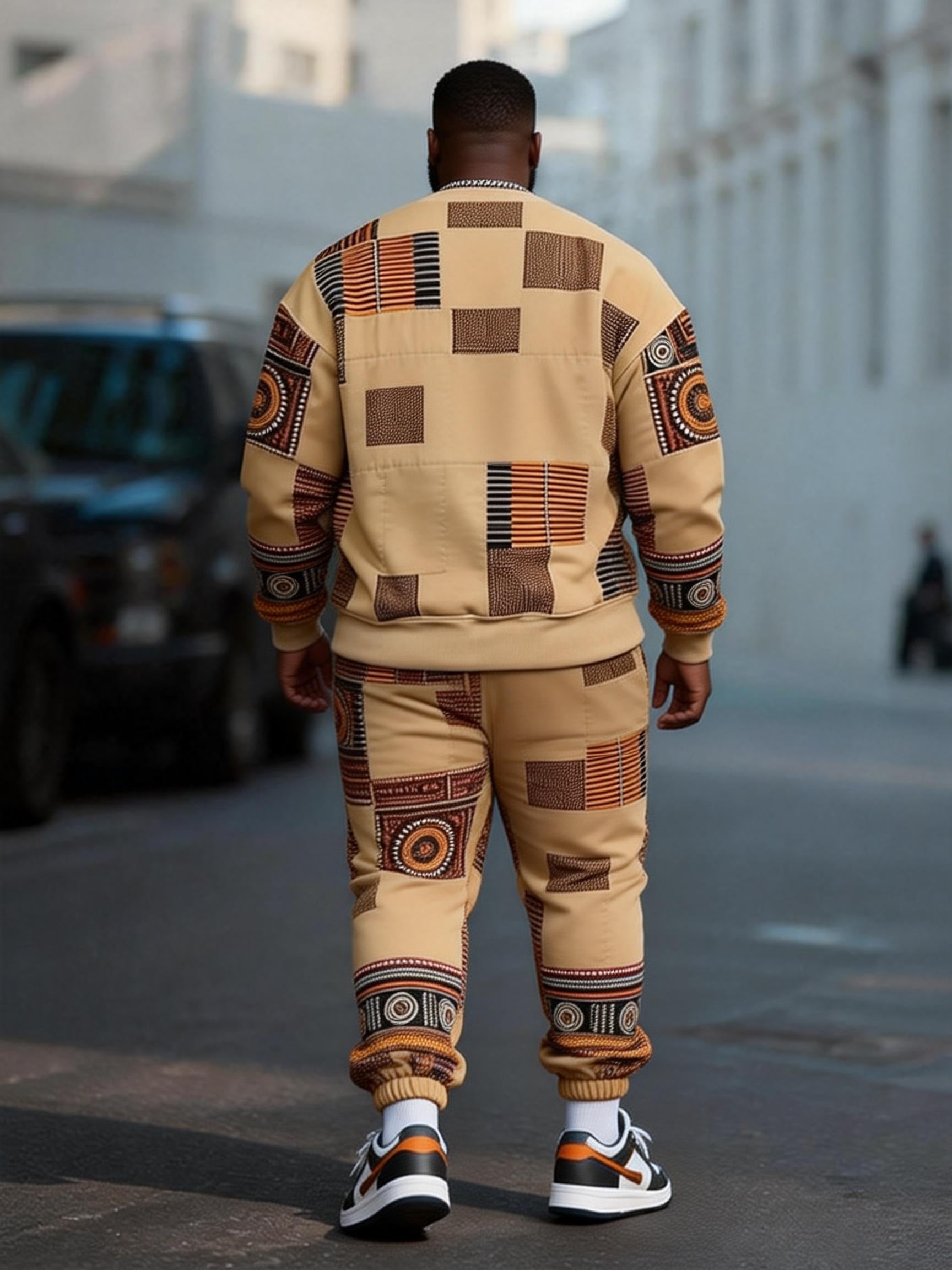 Big & Tall Men's African Batik Black Print Crewneck Sweat Set