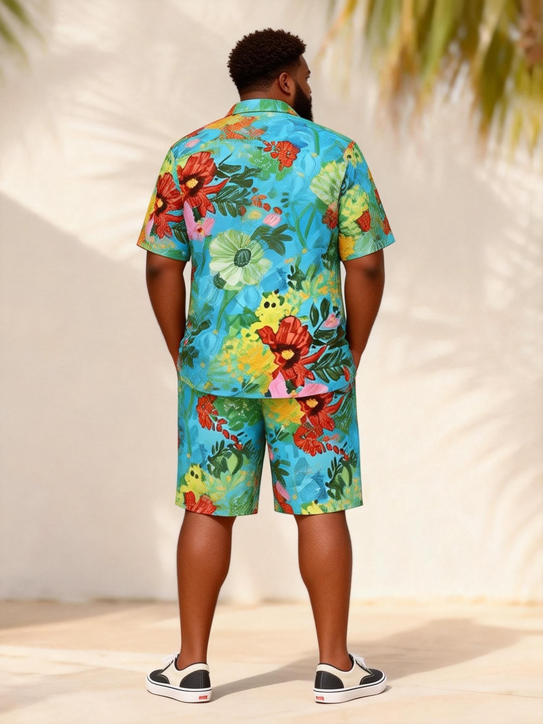 Big & Tall Men's Painted Tropical Floral Contrast Printed Short Sleeve Shirt Shorts Set