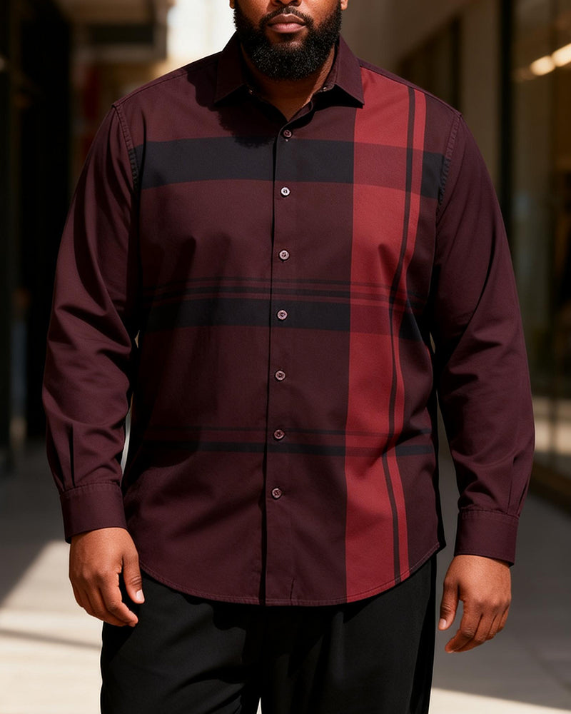 Big & Tall Men's Wine Red Gradient Check Print Long Sleeve Shirt