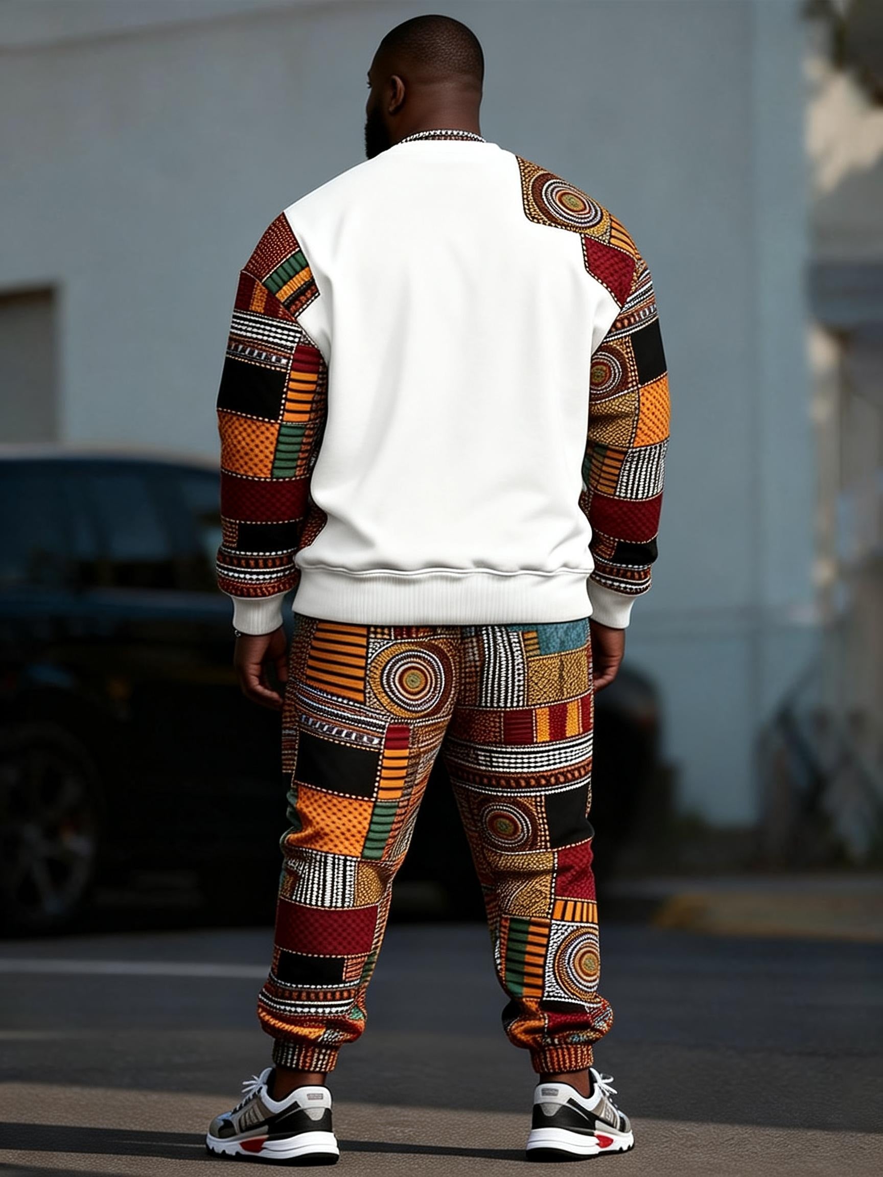 Big & Tall Men's Black King African Pattern Patchwork Printed Round Neck Sweat Set
