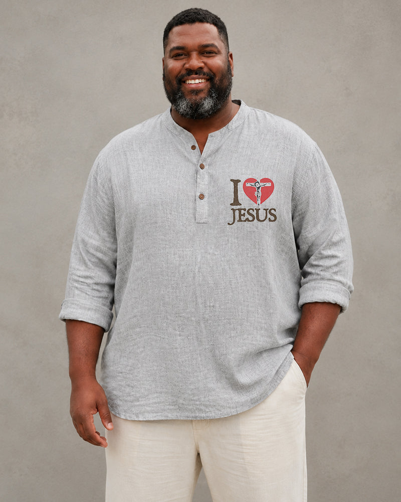 Big & Tall Men's I Love Jesus Love Cross Printed Collar Long Sleeve Shirt