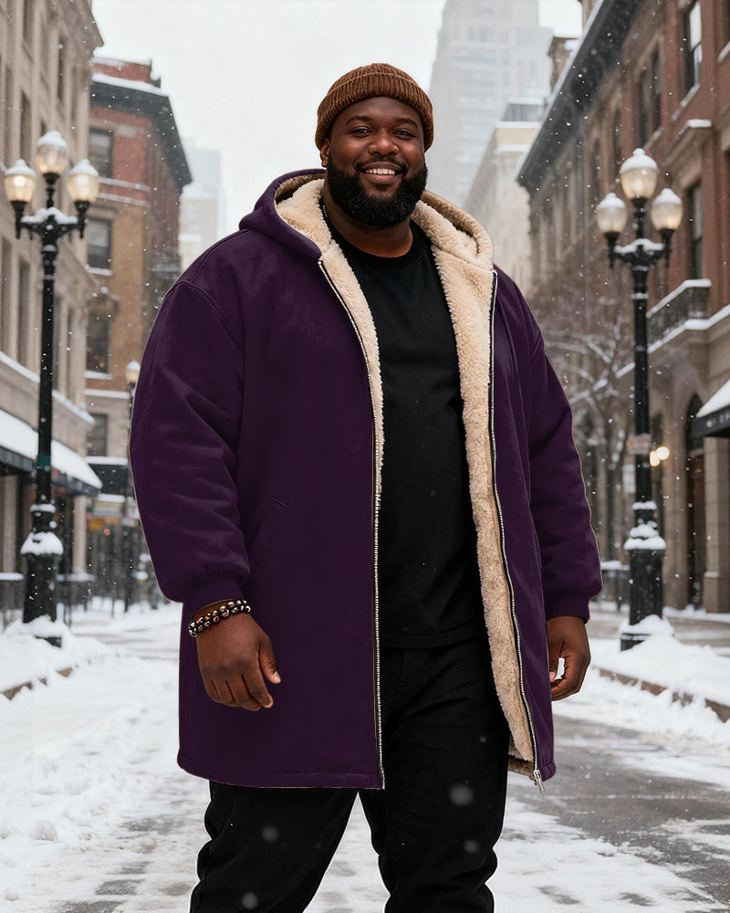 Big & Tall Men's Solid Color Velvet Thickened Long Hooded Coat