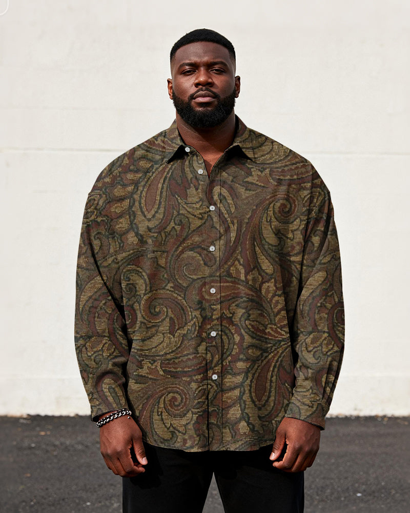 Big & Tall Men's Vintage Brown Paisley Print Long Sleeve Shirt