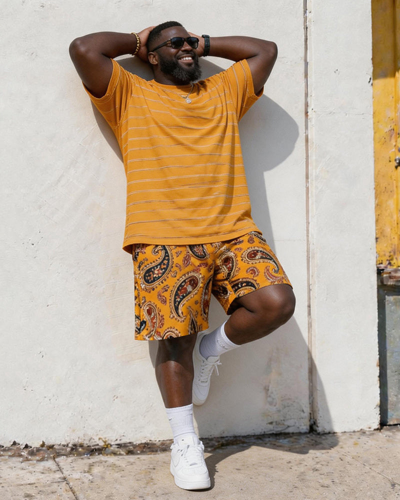 Big & Tall Men's Retro Style Yellow Tone Paisley POLO Letter Printed Round Neck Short Sleeve T-shirt Shorts Set