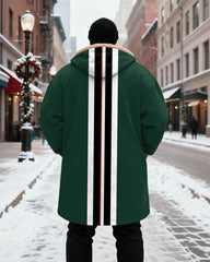 Big & Tall Men's Green Black White Red Contrast Striped Printed Velvet Thickened Long Hooded Coat