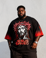 Big & Tall Men’s Gradient Thorn-Crown Jesus Head Portrait JESUS SAVED Printed T-Shirt And Pants Set
