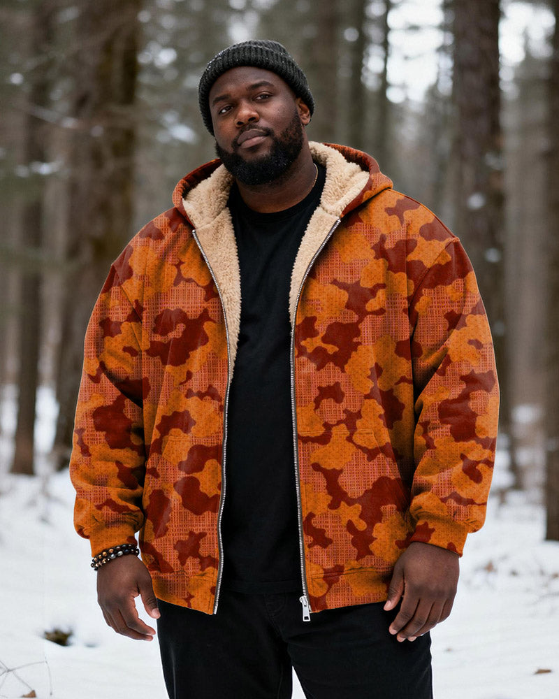 Big & Tall Men's Orange Brown Camouflage Textured Print Velvet Thickened Zip Hoodie