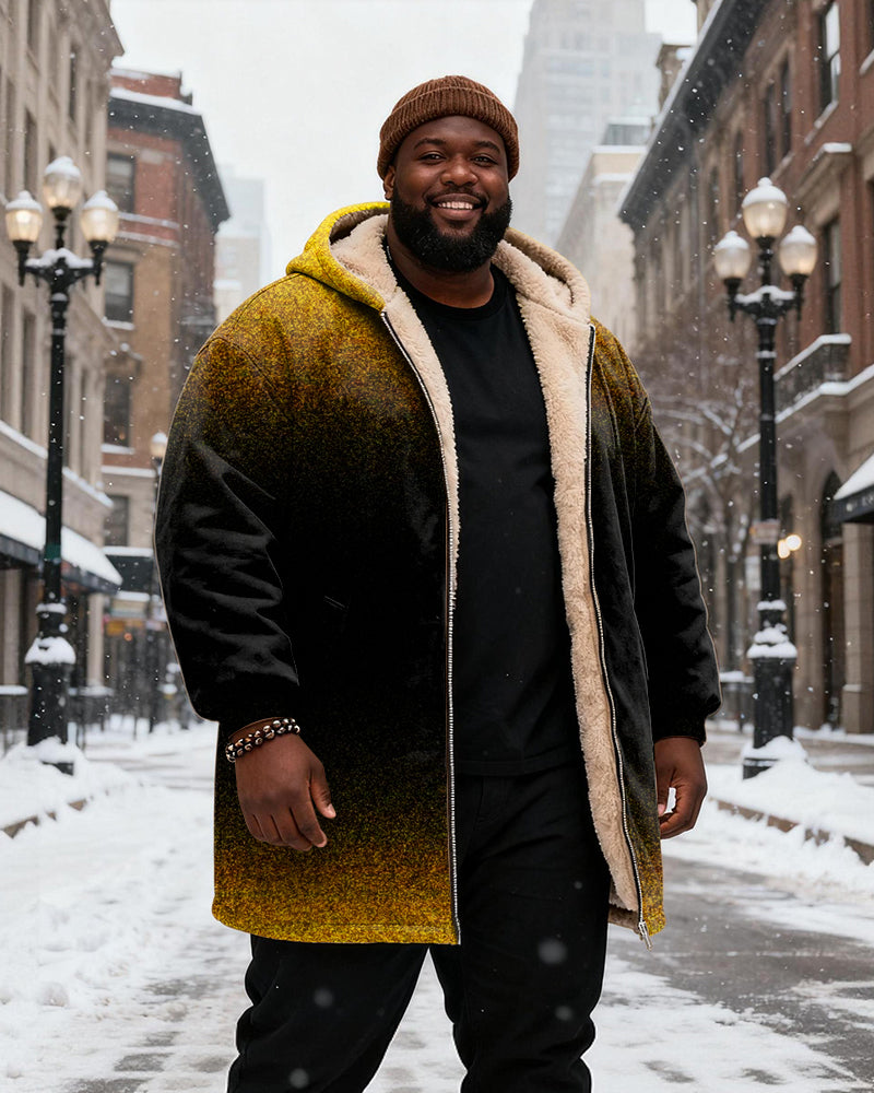 Big & Tall Men's Black And Yellow Grain Gradient Printing Velvet Padded Long Hooded Coat