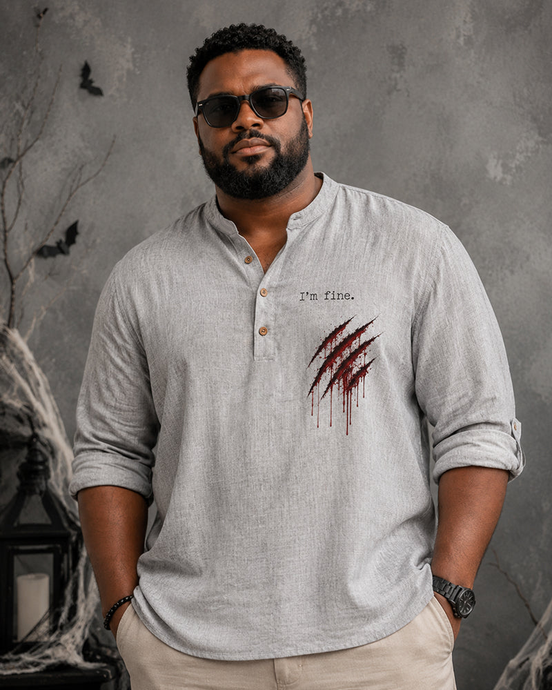 Big & Tall Men's I 'M FINE Chest Claw Mark Print Stand Collar Long Sleeve Shirt