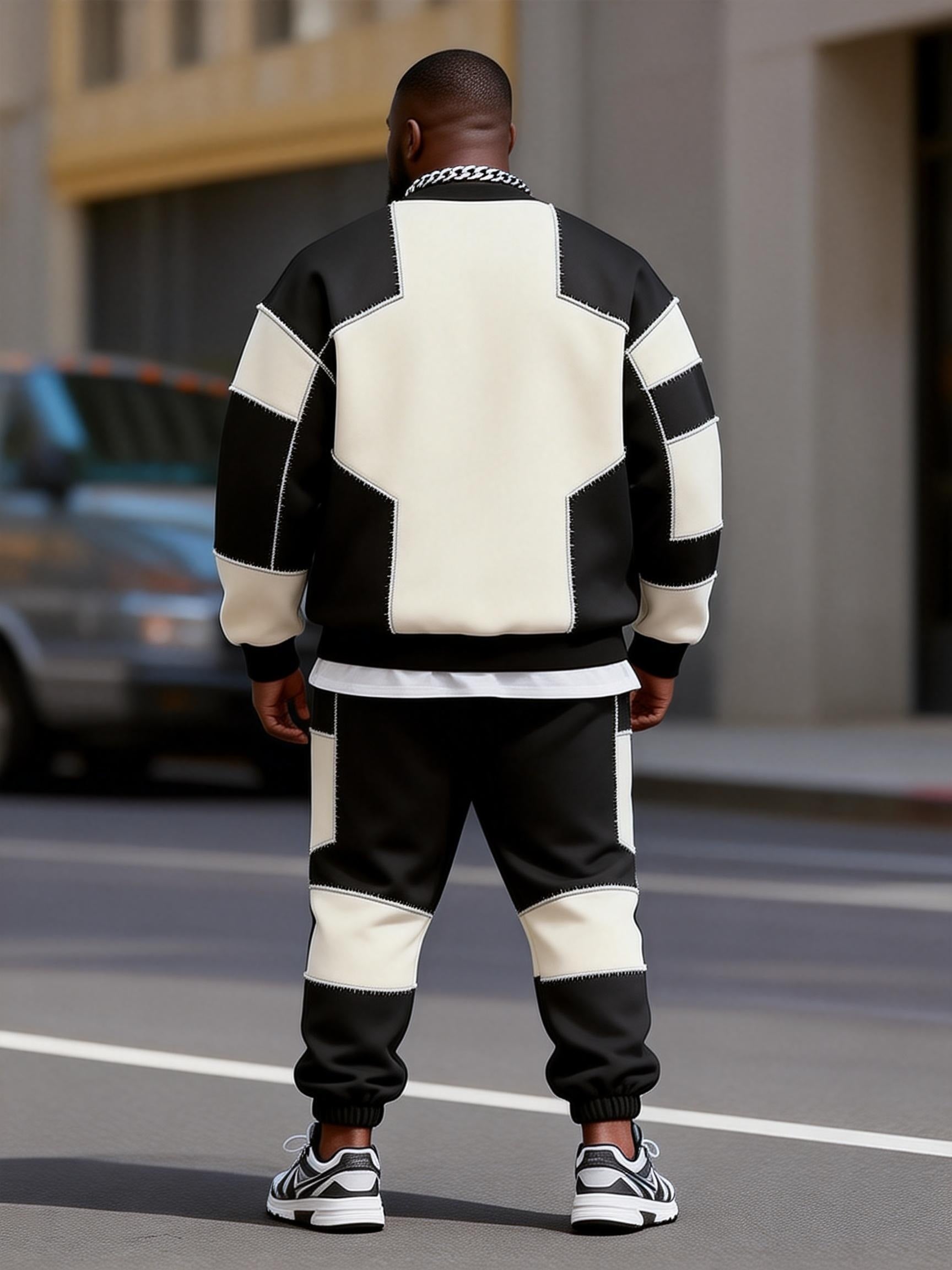 Big & Tall Men's Black Father Black And White Patchwork Printed Round Neck Sweater Set