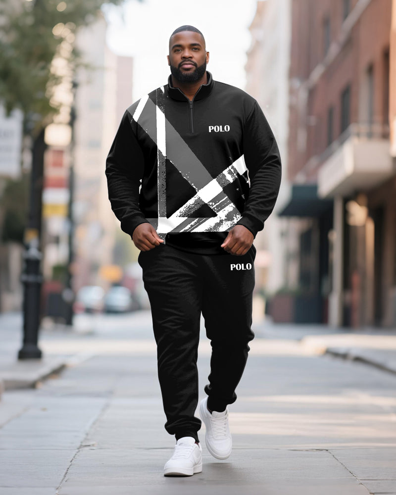 Big & Tall Men's Black And White Geometric Letter Printed POLO Collar Zipper Long Sleeve Pants Two-piece Set