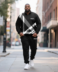 Big & Tall Men's Black And White Geometric Letter Printed POLO Collar Zipper Long Sleeve Pants Two-piece Set
