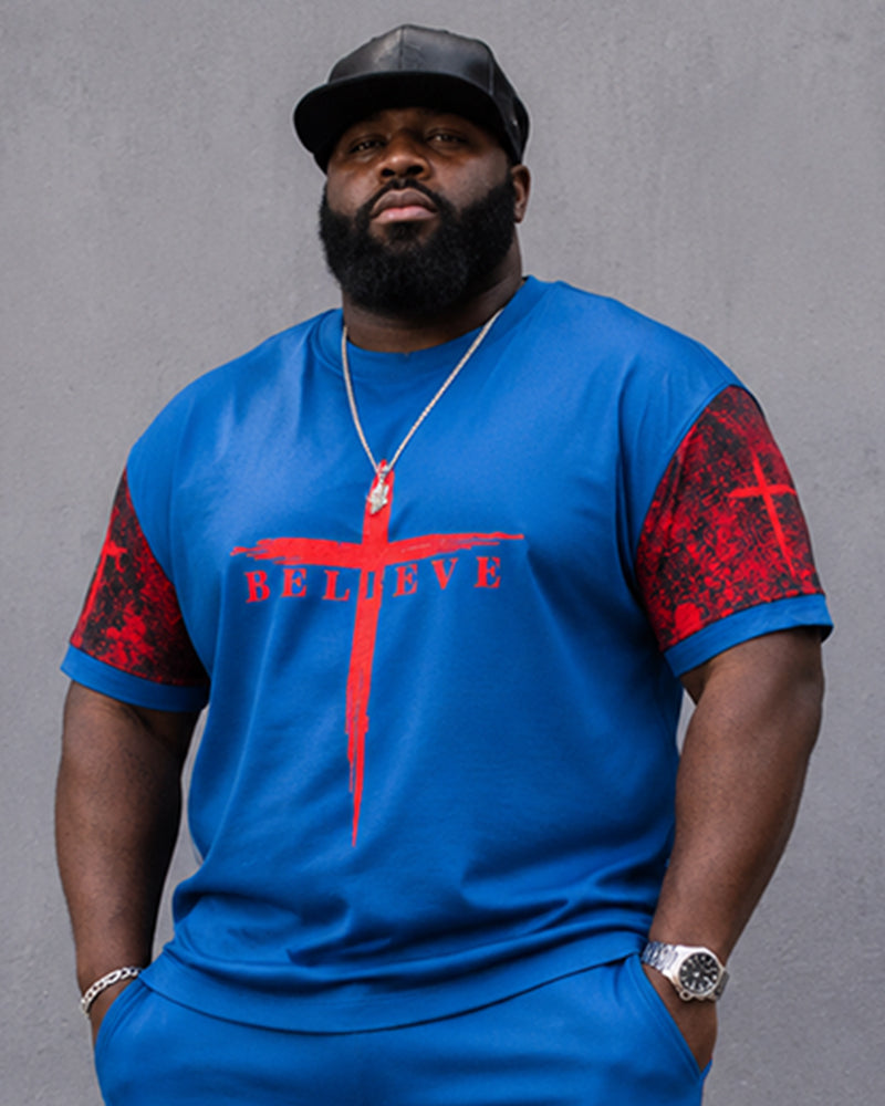 Big & Tall Men's BELIEVE Red Cross Print Crewneck Short Sleeve T-Shirt Shorts Set