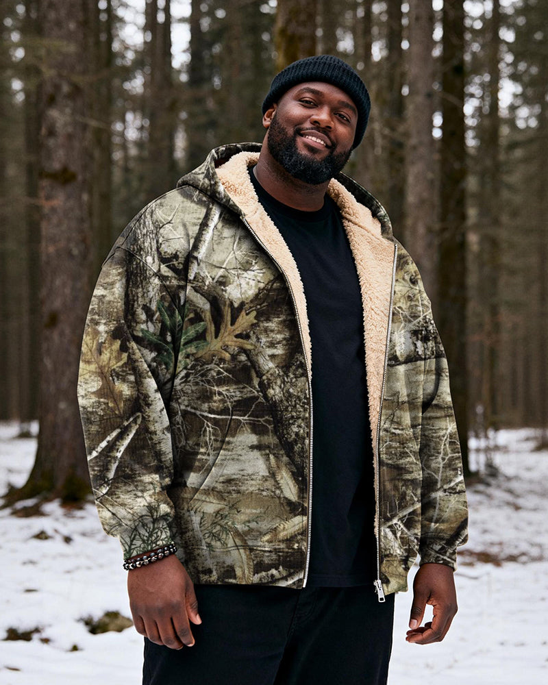 Big & Tall Men's Hunting Forest Camouflage Print Velvet Thickened Zipper Cardigan Hoodie
