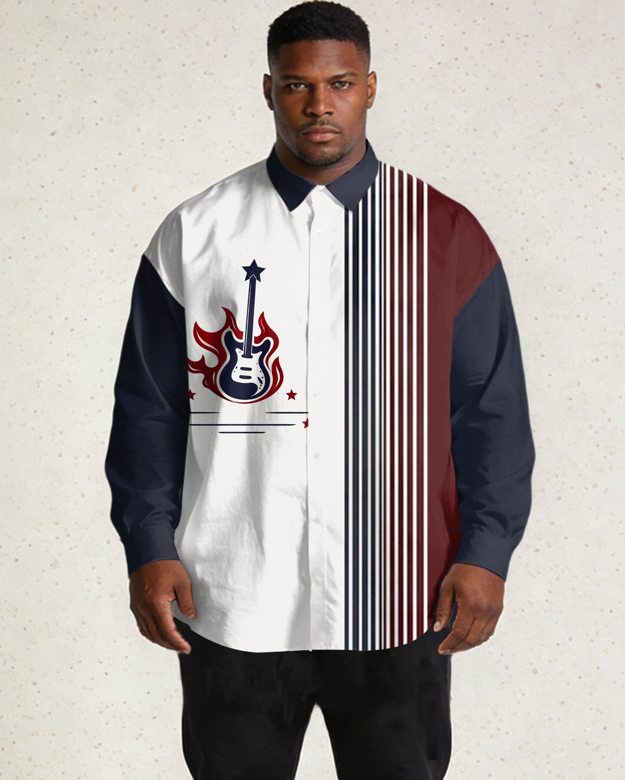 Vertical Stripe Contrast Color Stitching Music Large Size Men's Long Sleeve Shirt