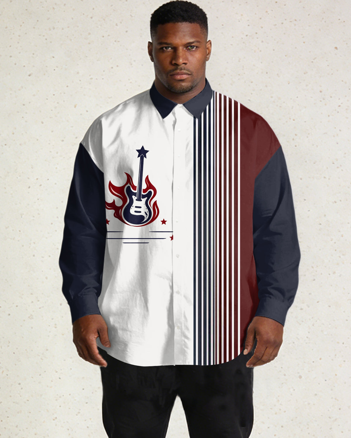 Vertical Stripe Contrast Color Stitching Music Large Size Men's Long Sleeve Shirt