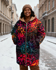 Women's Colorful Abstract Geometric Print Velvet Thickened Long Hooded Coat