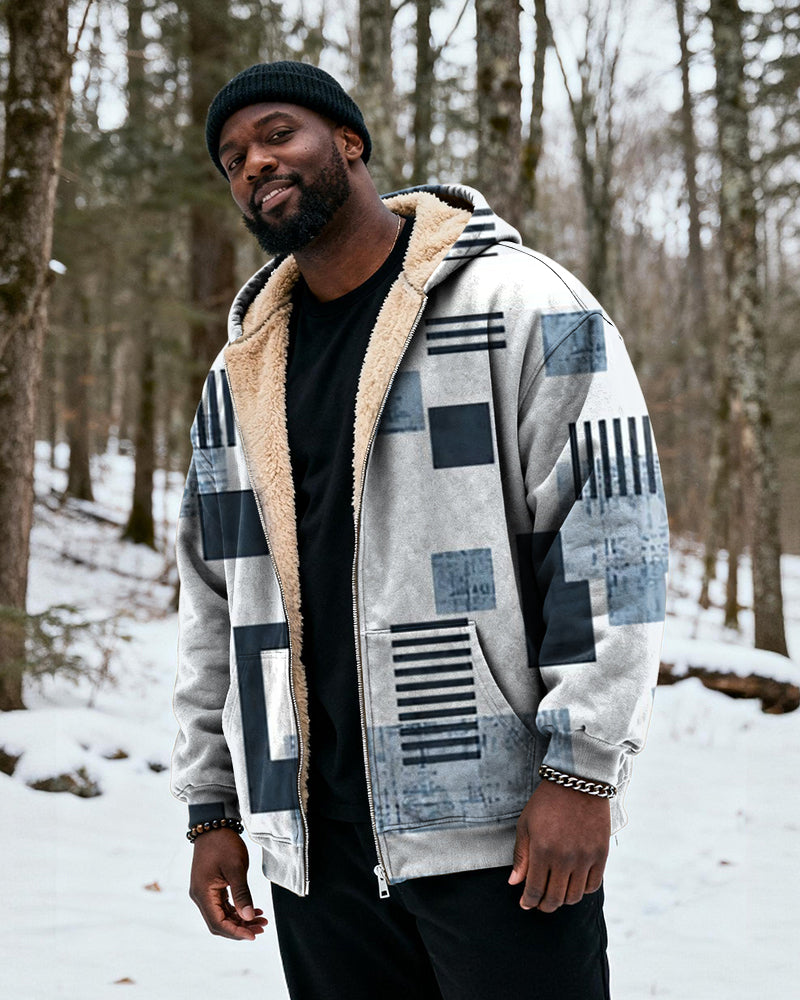 Big & Tall Men's Blue Square Gradient Print Velvet Thickened Zipper Hoodie