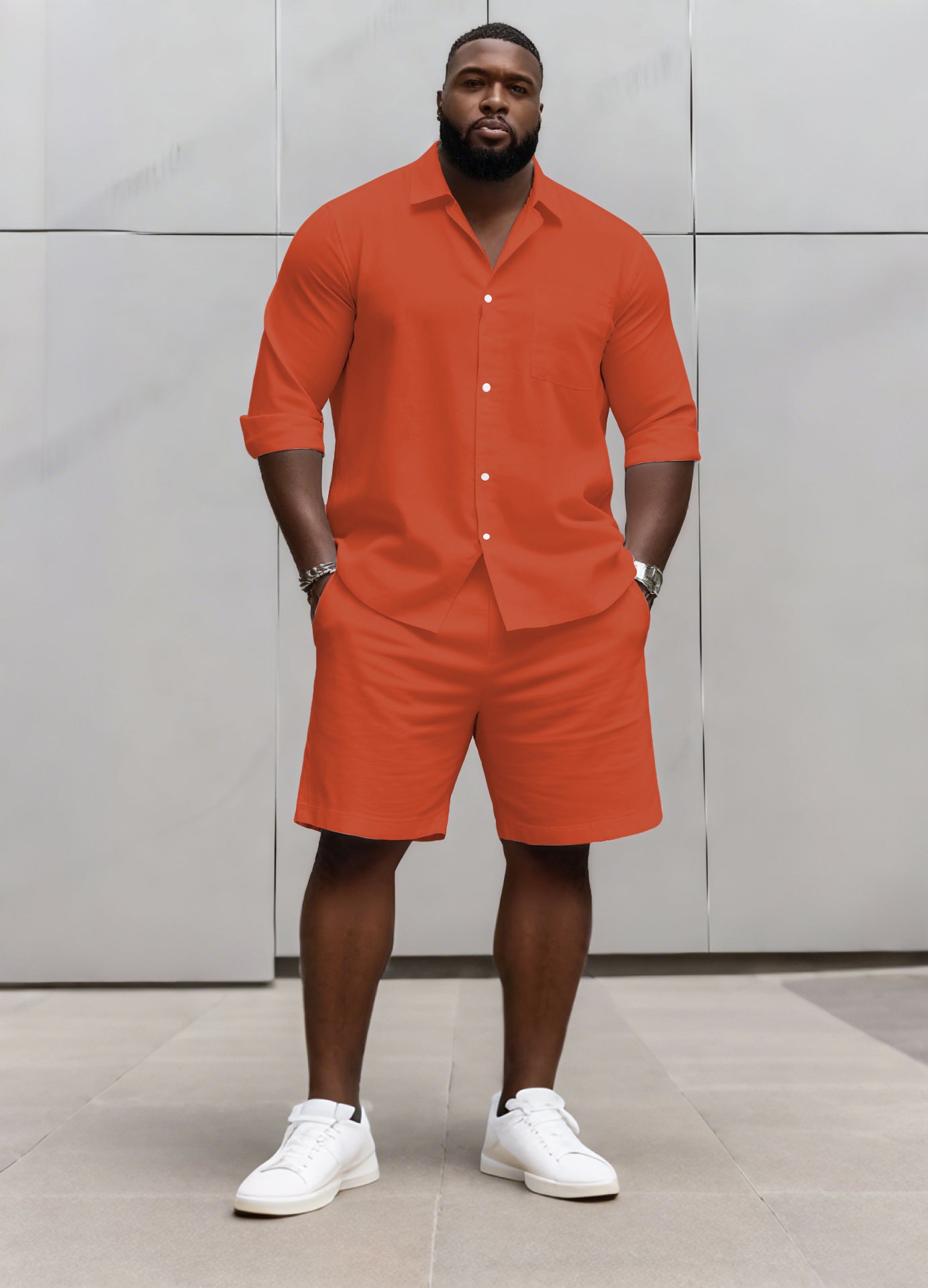 Big & Tall Men's Business Solid Color Long Sleeve Shirt Shorts Set