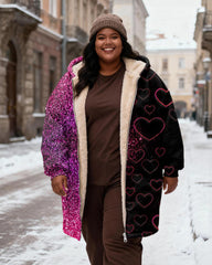 Women's Pink Black Contrast Love Sequins Stitching Printed Velvet Thickened Long Hooded Coat