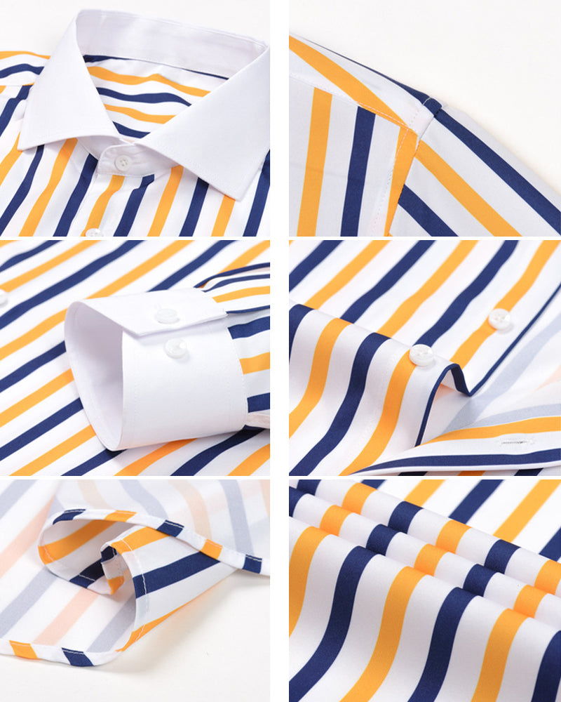 S-3XL Men's Business Stripe Windsor Collar Stretch Long Sleeve Shirt-Free Ironing