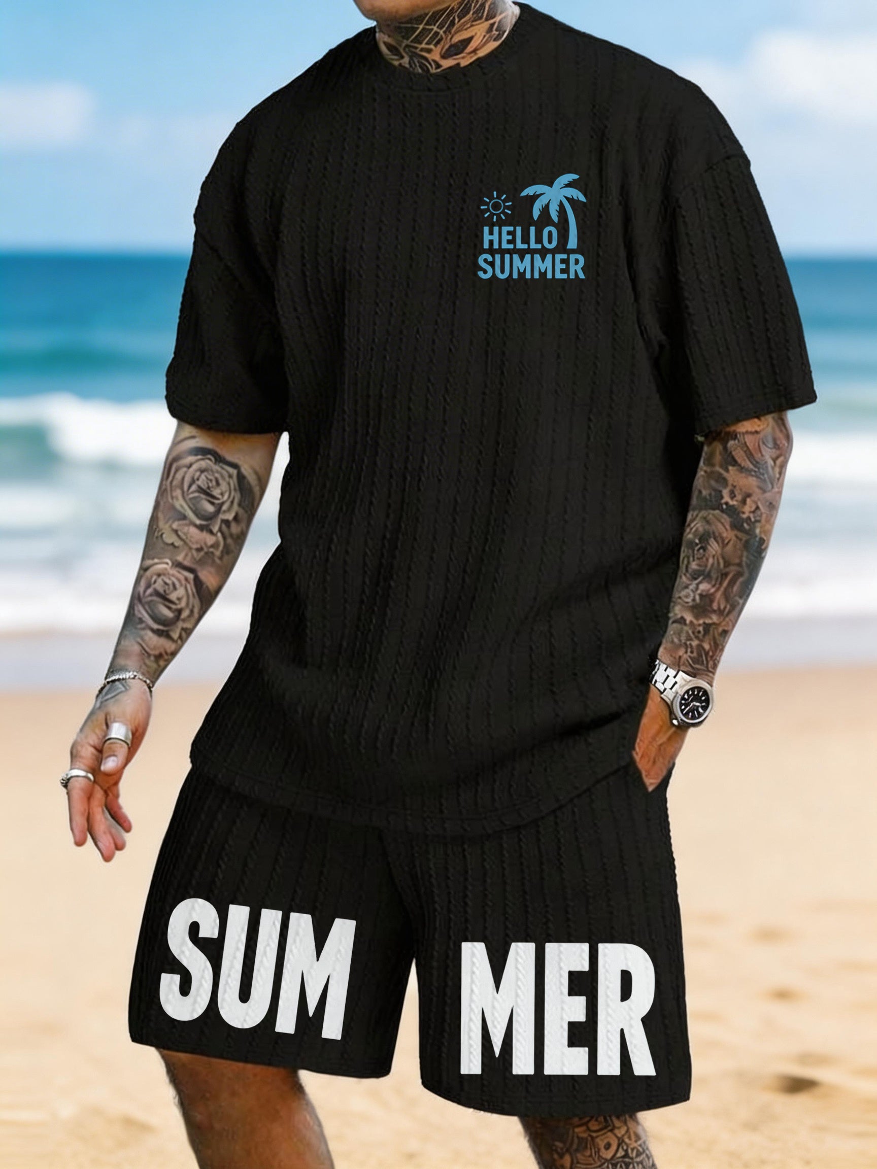 "Hello Summer" Coconut Sun Print Texture Large Size Sports Suit