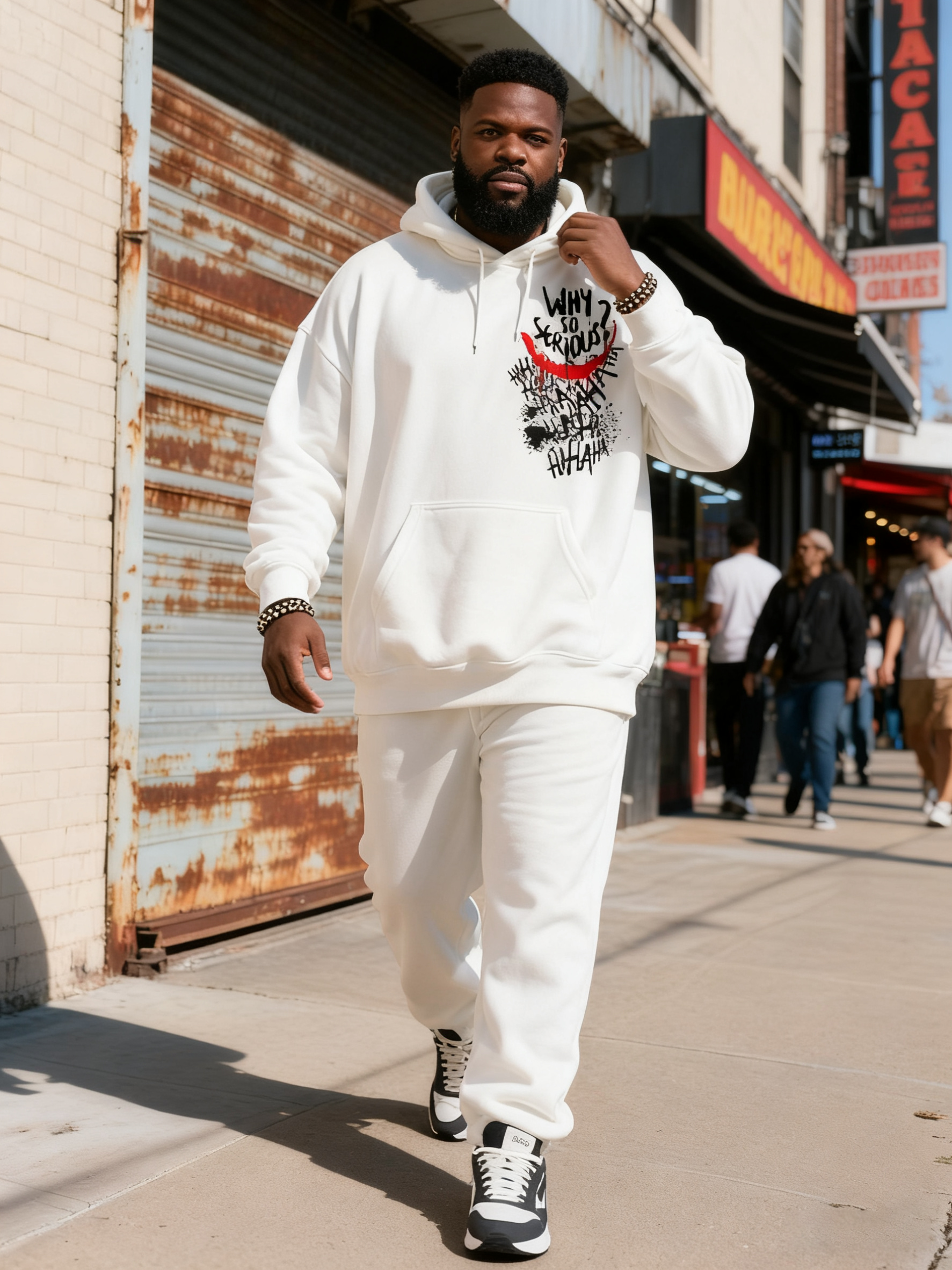 Big & Tall Men's White HA Graffiti Letter Print Hoodie Set