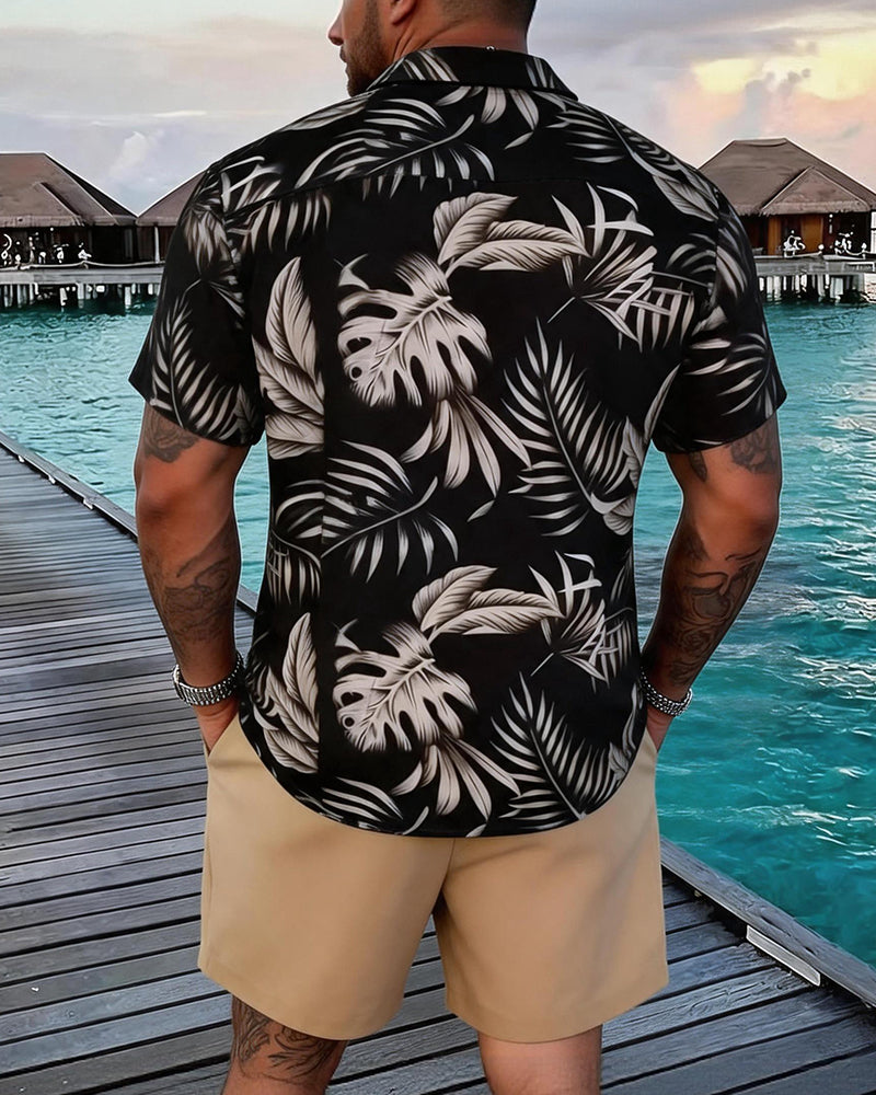 Black Bottom Tropical Palm Leaf Print Short Sleeve Shirt Shorts Holiday Beach Set