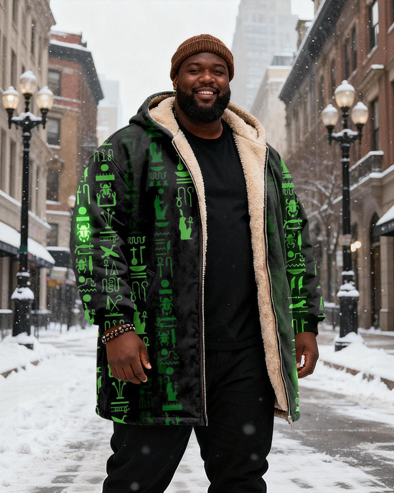 Big & Tall Men's Black Green Egyptian Hieroglyphic Printed Velvet Thickened Long Hooded Coat