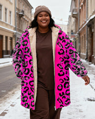Women's Pink Black Leopard Print Snowflake Print Velvet Thick Long Hooded Coat