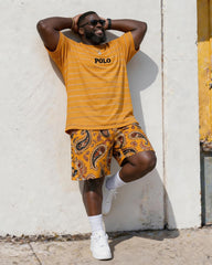 Big & Tall Men's Retro Style Yellow Tone Paisley POLO Letter Printed Round Neck Short Sleeve T-shirt Shorts Set