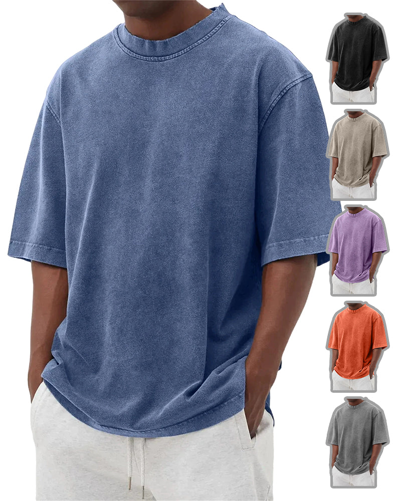 S-5XL Men's Wash Water Old Solid Color Pullover T-shirt