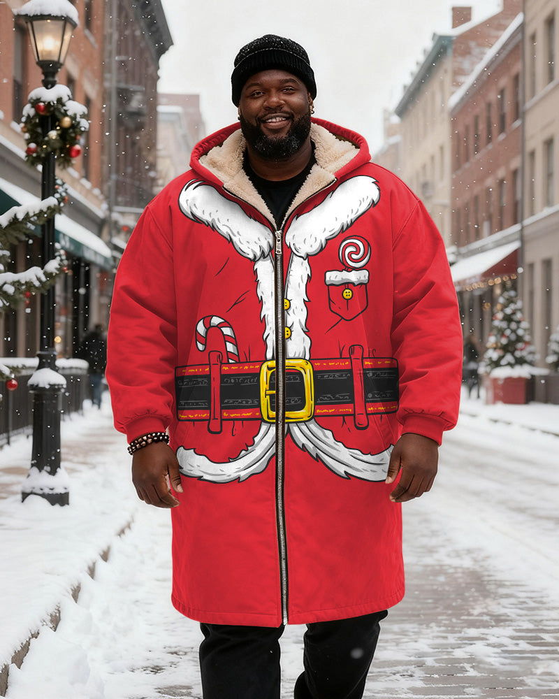 Big & Tall Men's Red Christmas Coat With Candy Print Velvet Thickened Long Hooded Coat