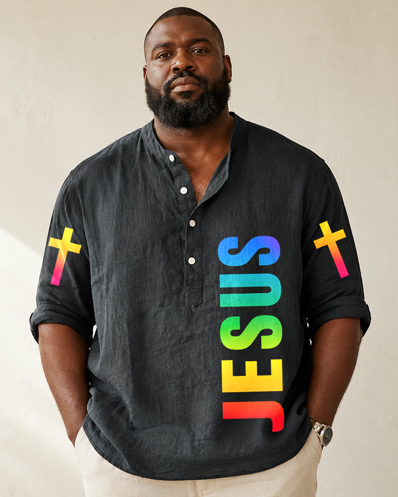 Big & Tall Men's Gradient Rainbow JESUS Letter Cross Printed Collar Sleeve Shirt