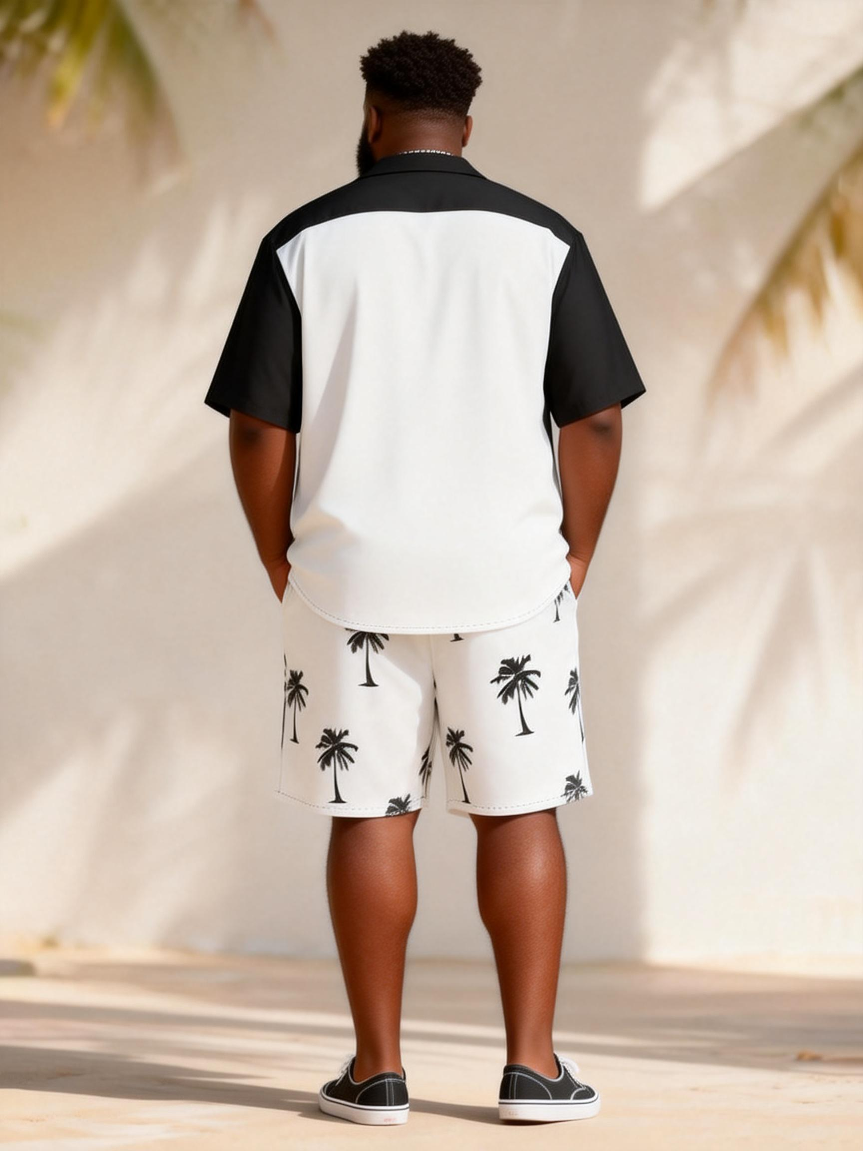 Big & Tall Men's Black And White Stitching Coconut Printed Short Sleeve Shirt Shorts Set